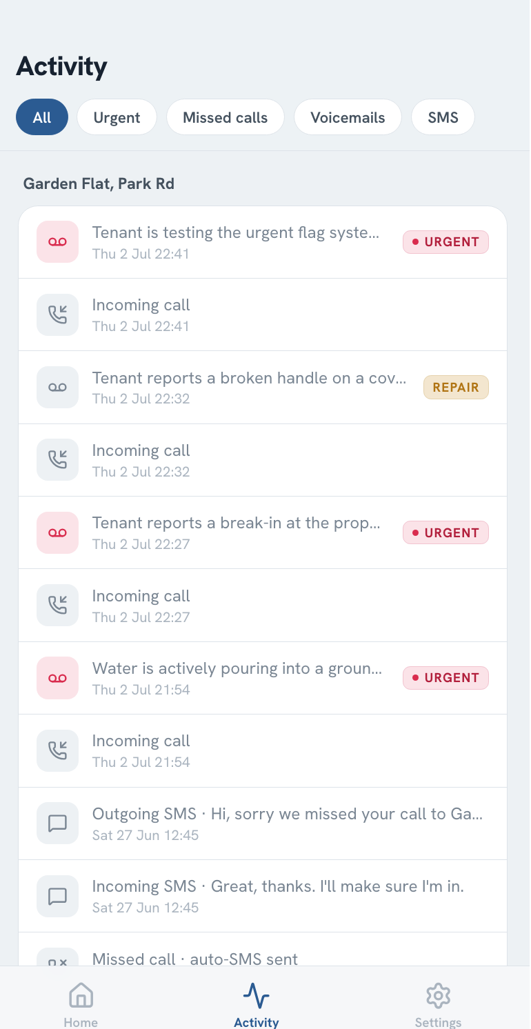 TenantCall activity feed listing recent calls and voicemail transcripts