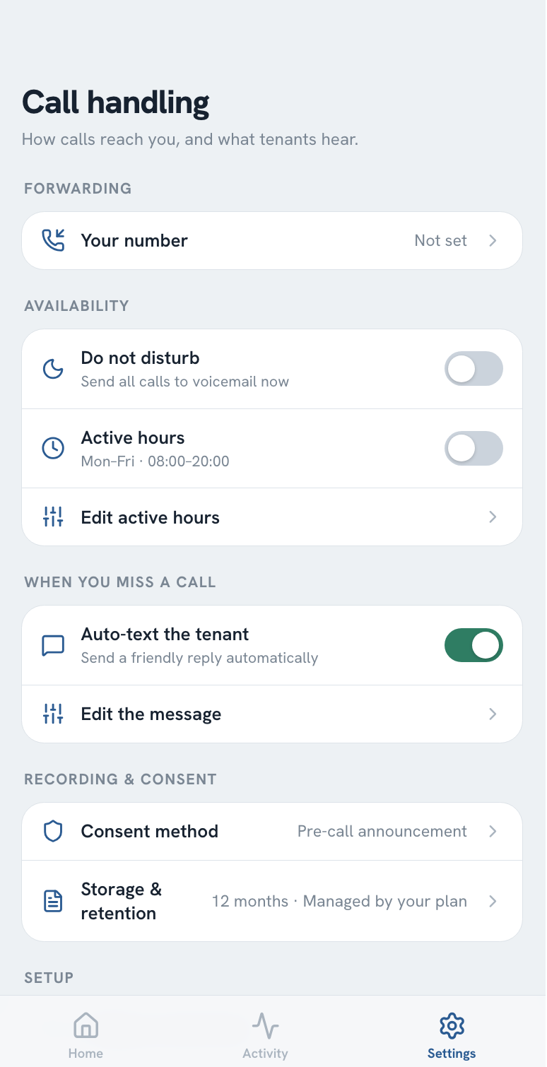 TenantCall settings screen for managing a property's forwarding number